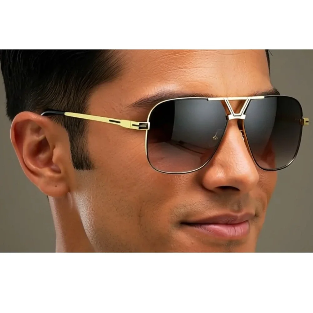 Men Sunglasses Gold Black Lens Fashion‎ Trendy Metal Gradient Lens Lentes Gafas
